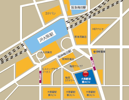 JR大阪駅、阪急梅田駅から大阪駅前第4ビル23階の株式会社ティップスまでの地図