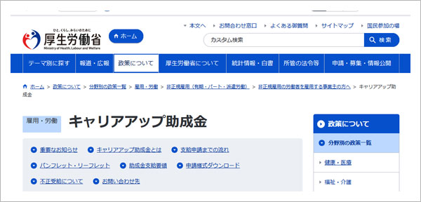 キャリアアップ助成金サイトの一部画像